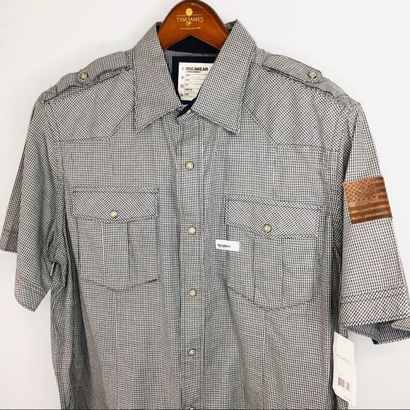 Rocawear Button Down Shirt Leather America Flag Micro Plaid Blue Green XL 2011 - Picture 1 of 13